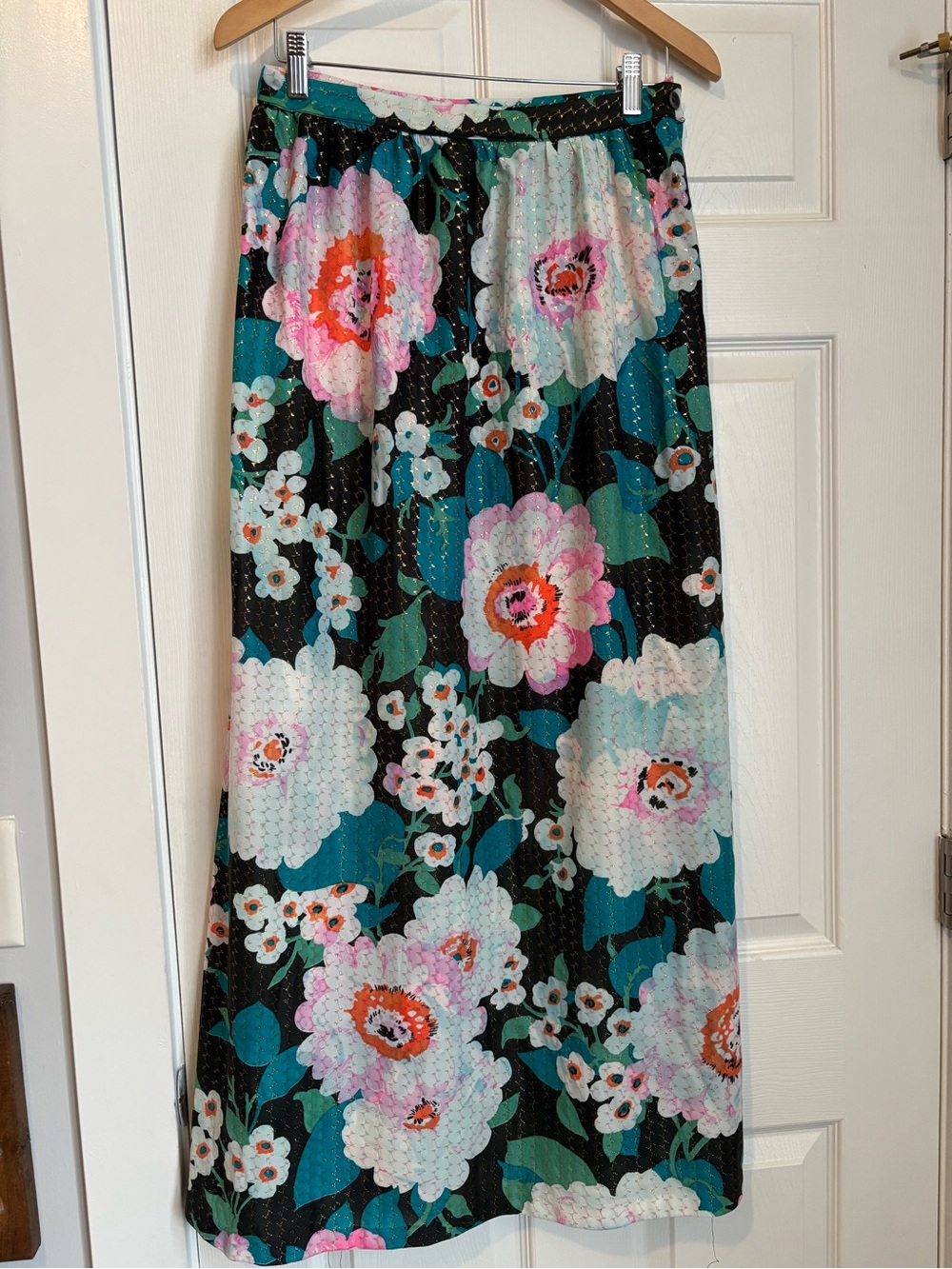 Vintage Avant Garde New York Nylon Linen Maxi Skirt Metallic Midnight Floral